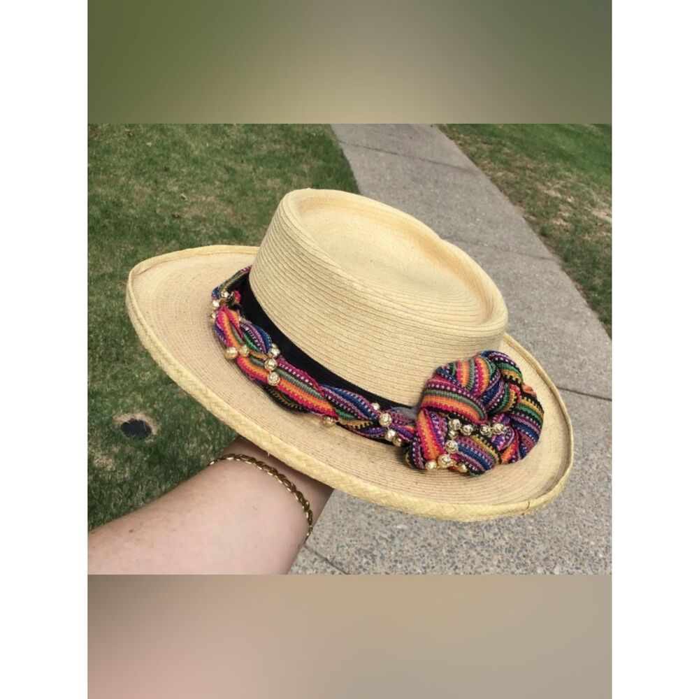 Gumarcaah Guatamala Handwoven Palm Beaded Bow Vintage Hat 55cm - Picture 1 of 6